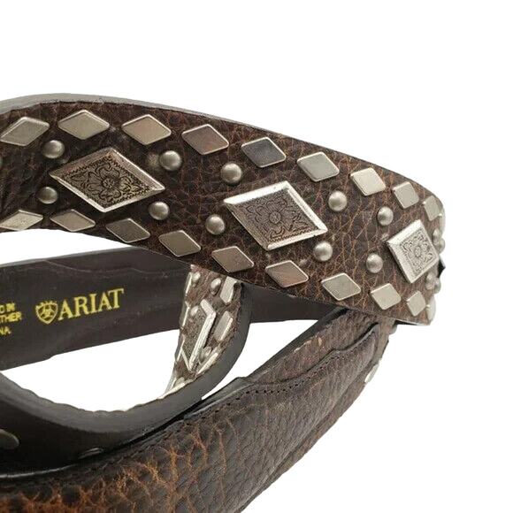 Ariat Dark Brown Leather Belt 38/95 Diamond Silver Tone Stud Tooled Buckle - Picture 7 of 13